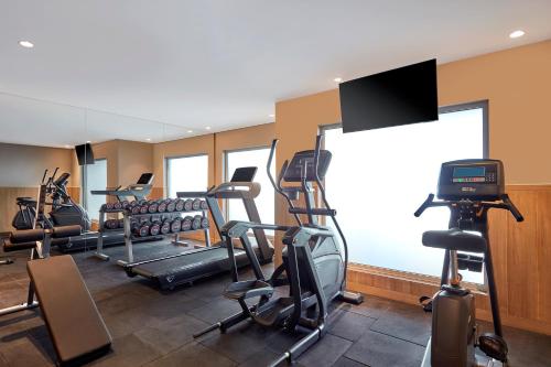a gym with several tread machines and a flat screen tv at Holiday Inn Express Bengaluru Bommasandra by IHG in Bengaluru