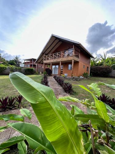 a house with a large leafy plant in front of it at Cabañas Anavai Rapa Nui in Hanga Roa