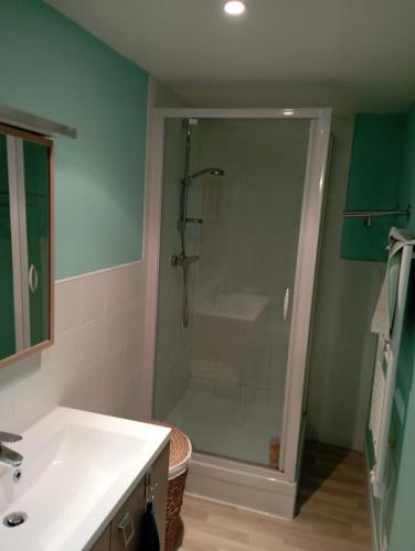 La salle de bains est pourvue d'une douche et d'un lavabo blanc. dans l'établissement Kerfly, à Plouër-sur-Rance