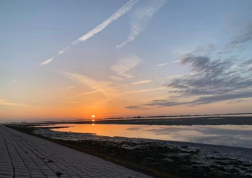 einen Sonnenuntergang am Strand mit der Sonne am Himmel in der Unterkunft Luxe Chalet De Bosrand Dichtbij Zee in Sint-Annaland