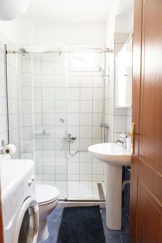 a bathroom with a shower and a sink and a toilet at Unique Apartment in Alexandroupoli