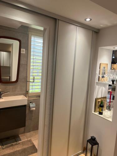 een badkamer met een douche, een wastafel en een spiegel bij Romantic Space in Hertenstein