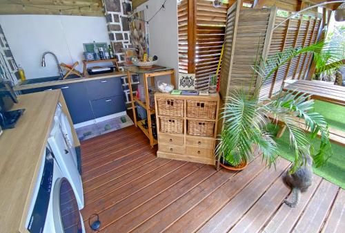 uma cozinha com uma mesa e uma planta num piso de madeira em City Side-Idéal professionnels climatisé-Tout équipé em Fort-de-France