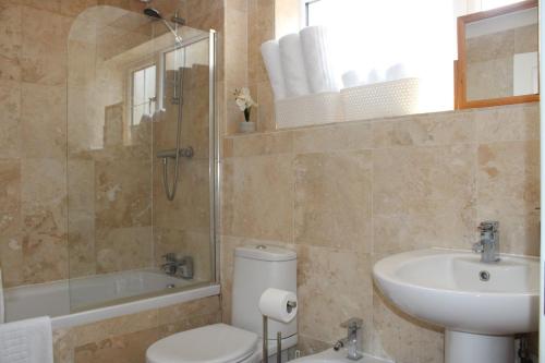a bathroom with a toilet and a sink and a shower at Ely Elegance in Ely