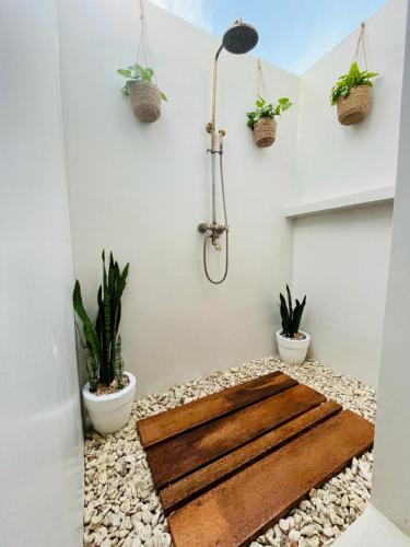 a bathroom with a shower with plants on the wall at Mfumbwi Twins Villa in Jambiani