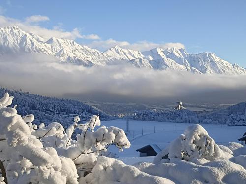 a view of a snowy mountain range with snow covered trees at Gästehaus Alpenblick in Mutters