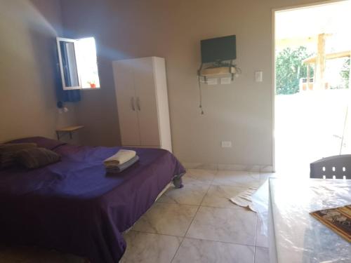 a bedroom with a bed with purple sheets and a window at Nuestro Sueño in Tandil