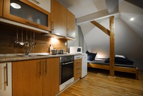 a kitchen with a sink and a stove top oven at Pension Ayky in Jablonec nad Nisou