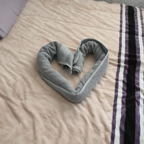 a grey heart shaped pillow on a bed at Warriors Burgos in Temixco
