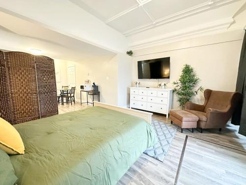 1 dormitorio con cama, sofá y TV en Gorgeous Condo in SJ w Coffee Wi-FI, en Saint John