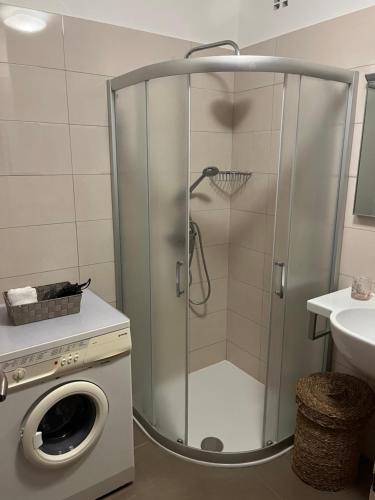 een douche in een badkamer met een wasmachine bij Elena relax for 4 in Rabac