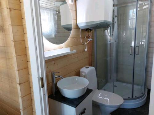 a bathroom with a sink and a toilet and a shower at Gästehaus Lilla-Viken in Stöde