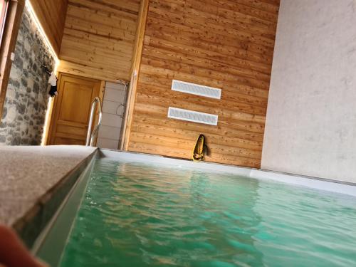 a swimming pool in a room with a wooden wall at Gîte Le Cembro 6 personnes in Termignon