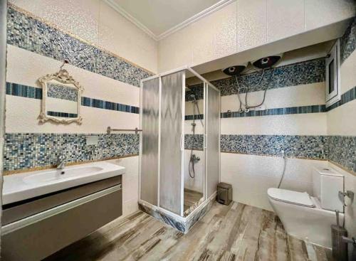 een badkamer met een douche, een wastafel en een toilet bij Delightful 3BR home in Zamalek (no visits) in Caïro