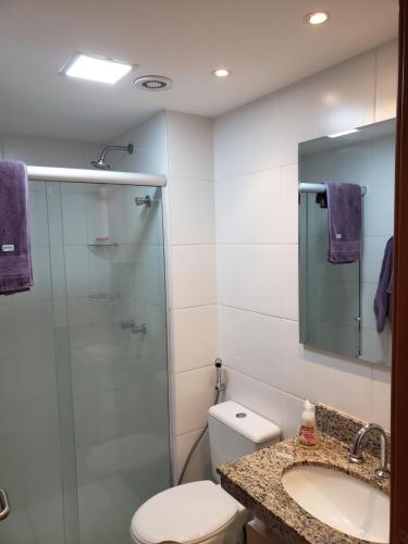 uma casa de banho com um chuveiro, um WC e um lavatório. em Niterói e um pedacinho do Campo em Niterói