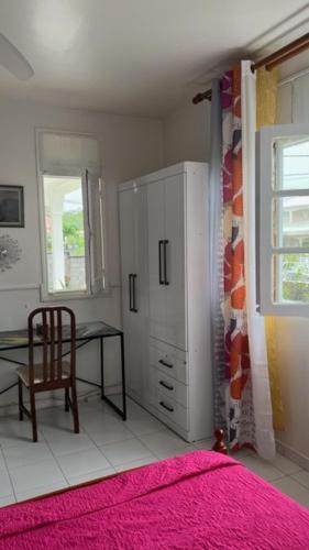 um quarto com uma cama, uma secretária e uma cadeira em Appartement F2 ROSALINDA em Les Abymes