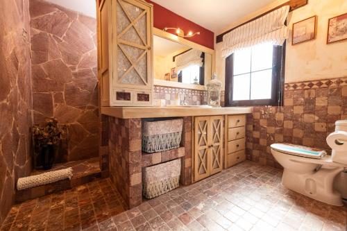 a bathroom with a toilet and a shower and a sink at Villa Maravilla piscina climatizada in Villaverde