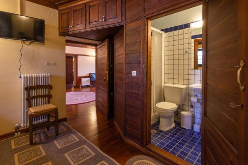 a bathroom with a toilet and a door to a room at Troas Traditional Guesthouse in Vitsa