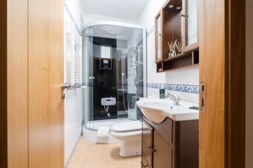 a bathroom with a shower and a toilet and a sink at Casa da Torre in Vieira do Minho