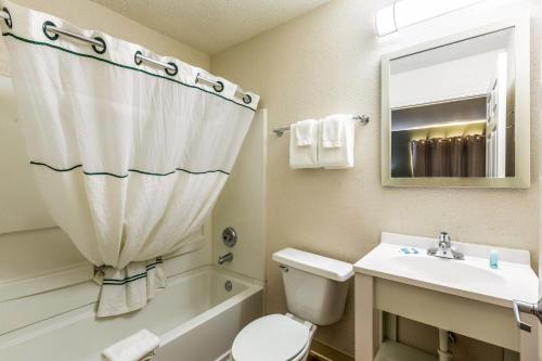 a bathroom with a sink and a toilet and a mirror at HomeTowne Studios by Red Roof Gainesville, GA in Gainesville