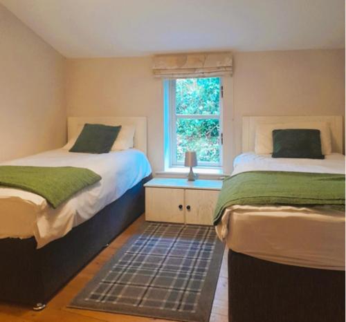 a bedroom with two beds and a window at Ballyhoura Mountain Lodges in Ballyorgan