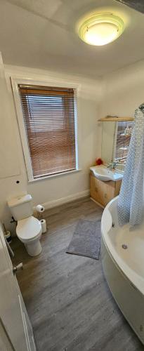 a bathroom with a toilet and a sink and a tub at The Luxe - Entire House in Huddersfield