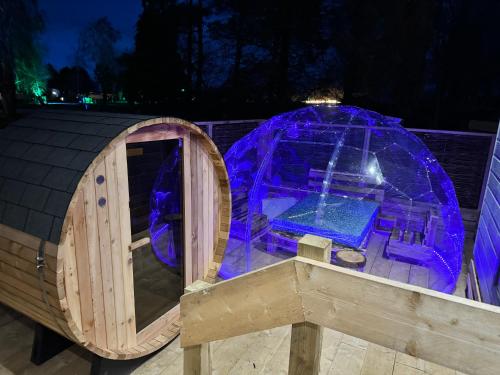 a wooden iguana house with a pool in it at Woodlakes Park By Liv Retreats in Kings Lynn