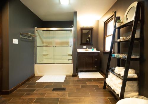 a bathroom with a shower and a sink at Near Sundown Mountain and Chestnut Mountain Resorts in Dubuque