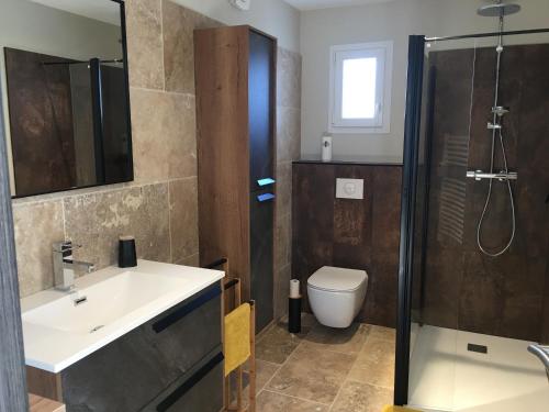 La salle de bains est pourvue d'un lavabo, d'une douche et de toilettes. dans l'établissement Lou Mas des oliviers, à Mazan
