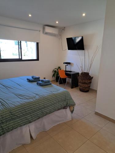 Un dormitorio con una cama con toallas azules. en Hermoso departamento entero 2 Dormitorios con cochera B Urca en Córdoba