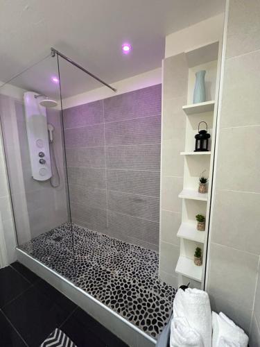 une salle de bain avec une douche avec une porte vitrée dans l'établissement Logement gare Saint Charles ideal famille, à Marseille