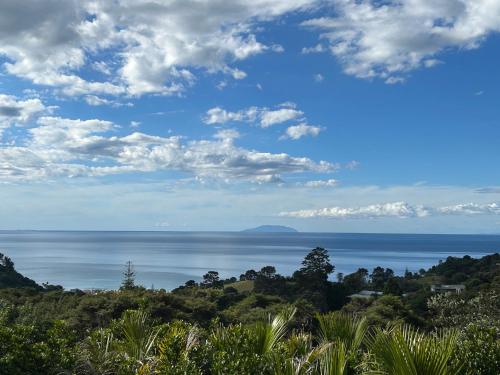 a view of the ocean from a hill with trees at Whisper Cottage in Onetangi