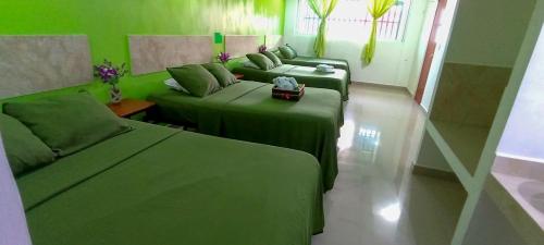 a green room with two beds and a couch at Posada Nacha`n - Ka`an in Palenque
