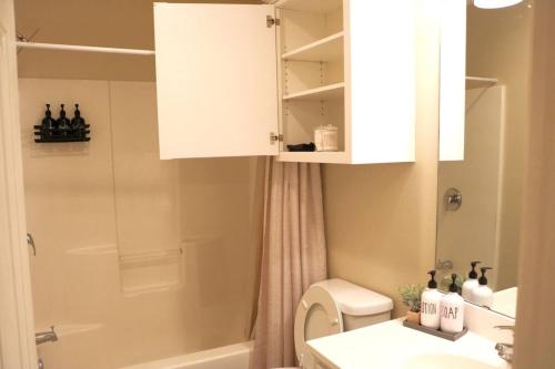 a bathroom with a sink and a toilet and a shower at Lubbock haven 3Beds, 3 baths in Lubbock