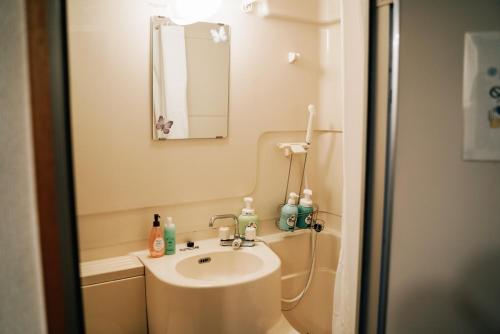 a small bathroom with a sink and a mirror at Tipy records room in Odawara