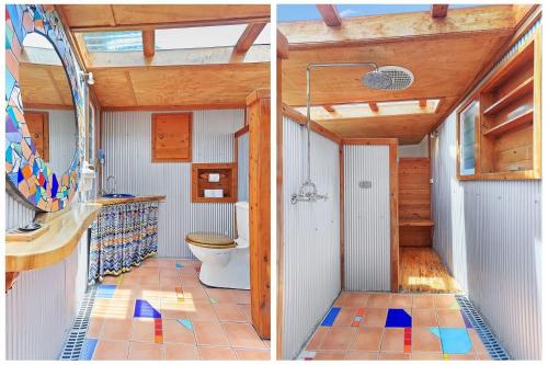 duas fotografias de uma casa de banho com WC num quarto em Boatshed em Huskisson