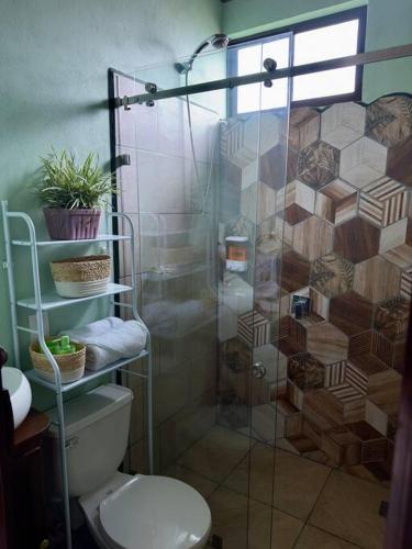 a bathroom with a toilet and a glass shower at Casa Típica La Cruz in Monteverde Costa Rica