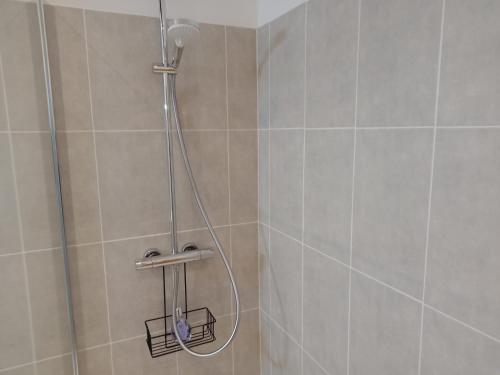 a shower with a shower head in a bathroom at Studio Zoé in Saint-Père