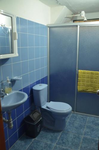 a blue bathroom with a toilet and a sink at Casa de campo Jardín in Jardin