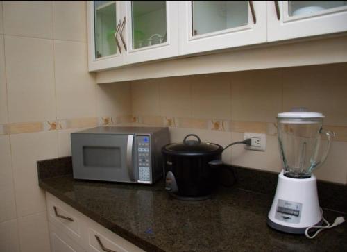a kitchen counter with a microwave and a blender at Hemingway Salinas Apartment in Salinas