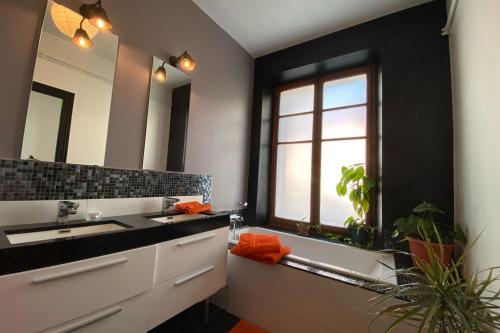 une salle de bain avec un lavabo, un miroir et une fenêtre dans l'établissement GABRIEL - Comfortable flat a stone's throw from the lake, à Annecy