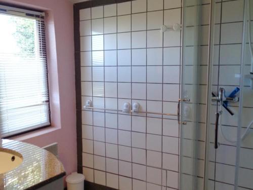 uma casa de banho com um chuveiro e um lavatório. em Gîte Saint-Haon-le-Châtel, 4 pièces, 6 personnes - FR-1-496-21 em Saint-Haon-le-Châtel