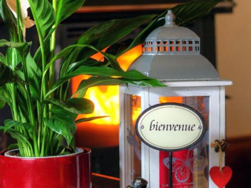a lantern with a sign on it next to a plant at Gîte chaleureux avec cheminée, espace jeux et animaux, proche nature et activités familiales - FR-1-496-315 in Sauvain