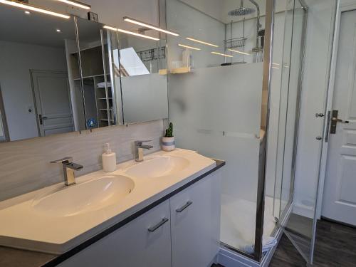 une salle de bain avec deux lavabos et un miroir dans l'établissement Gîte de charme rénové à Châteauroux, jardin privé, jusqu'à 10 pers, proche centre et Belle-Isle - FR-1-591-581, à Châteauroux