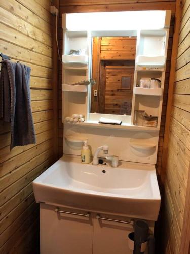 a bathroom with a sink and a mirror at Wood retreatみやざき in Miyazaki