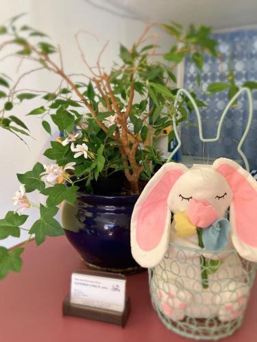 a stuffed animal is sitting next to a potted plant at Slumber Lodge in Hope