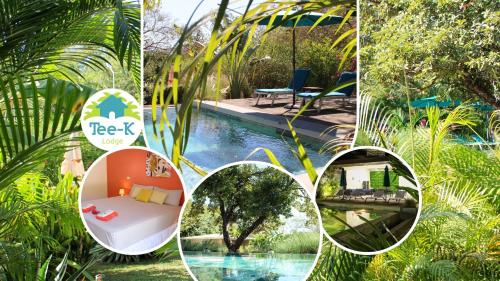 un collage de fotos de una piscina y una casa en Tee-K Lodge Tamarindo en Tamarindo