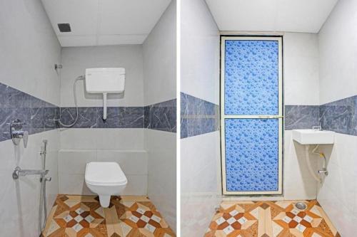 two pictures of a bathroom with a toilet and a window at The Krishna Stays in Mathura