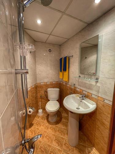 a bathroom with a toilet and a sink and a shower at Guest rooms Colorit in Koprivshtitsa