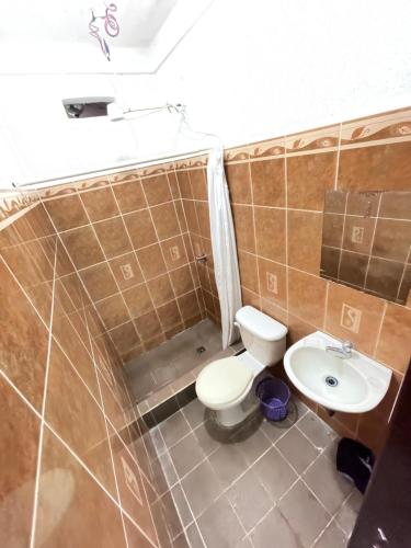 La salle de bains est pourvue de toilettes et d'un lavabo. dans l'établissement Casa genesis, à Panajachel
